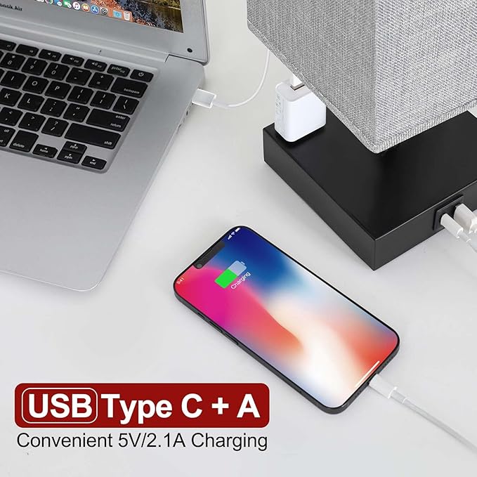 Soilsiu Bedside Table Lamp for Bedroom - Touch Small Lamp with USB C+A Charging Ports & AC Outlets, 3 Way Dimmable Nightstand Light for Living Room (LED Bulb Included, Grey)