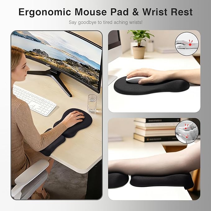 Ospelelf Mouse Pad with Wrist Rest Set Foam L-Shaped Desk Elbow Pad Ergonomic Desk Edge Cushion Anti-Slip Rubber Bottom Office Women Desk Accessories for Computer, Laptop and Gaming, Black