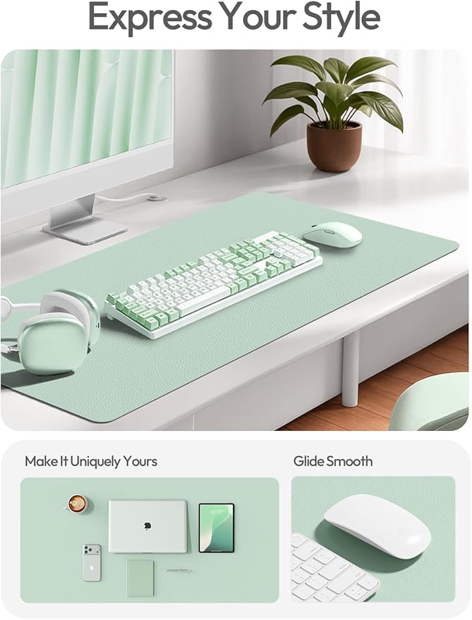 YSAGi Leather Desk Protector, Office Mat, Large Mouse Mat, Non-Slip PU Leather Blotter, Laptop Pad, Waterproof Writing Pad for Office and Home (Pale Green, 31.5" x 15.8")