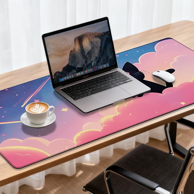 Large Mouse Pad 35.4x15.7 Inch Dreamy Cat Gaming Desk Mat with Non-Slip Rubber Base, Stitched Edges for Gaming,Office