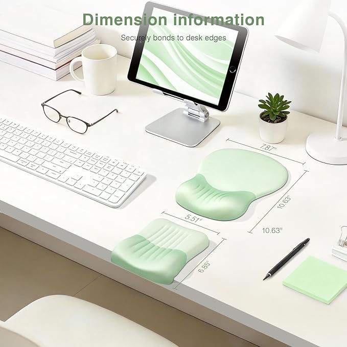 Ospelelf Mouse Pad with Wrist Rest Set Foam L-Shaped Desk Elbow Pad Ergonomic Desk Edge Cushion Anti-Slip Rubber Bottom Office Women Desk Accessories for Computer, Laptop and Gaming, Light Green