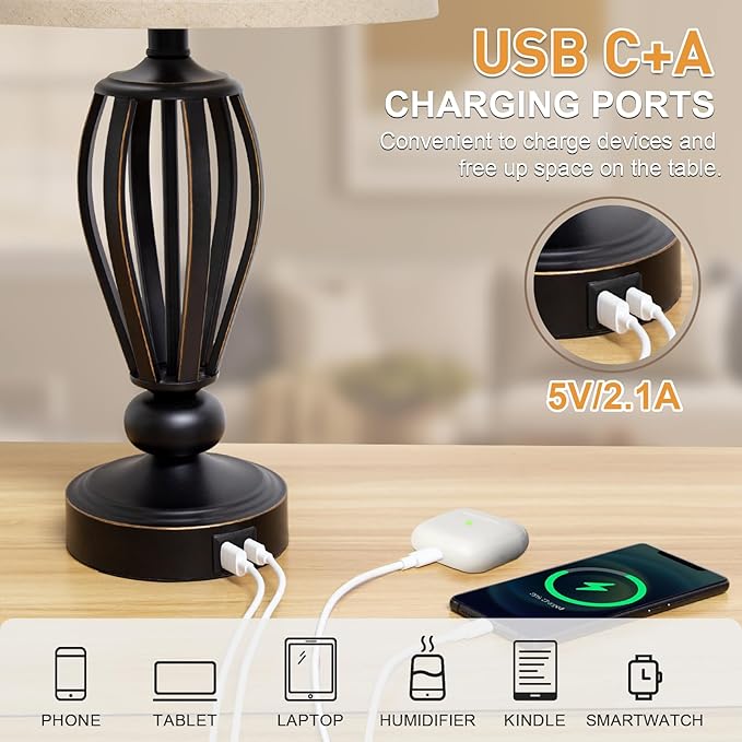 USB Bedside Lamp, 3-Way Dimmable Touch Table Lamp with USB C+A Charging Ports Industrial Table Lamp Black Metal Base Farmhouse Reading Lamp for Bedroom, Living Room, Office or Study LED Bulb Included