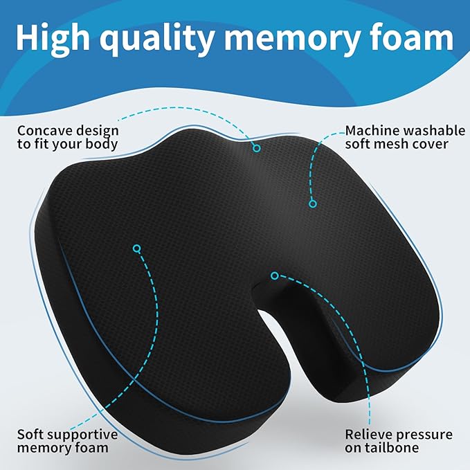 Seat Cushion & Office Chair Cushion, Lumbar Support Pillow for Office Chair, Ergonomic Memory Foam Non-Slip Office Chair Cushion, Back Support Cushion for Tailbone & Coccyx Comfort, Black