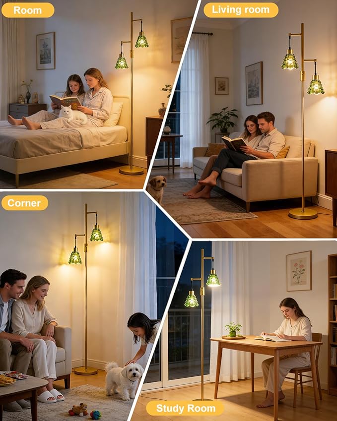 2-Light Glass Floor Lamp, Gold Tall Standing Lamps Dimmable with Green Glass Lampshade, 3000K Warmwhite Mid Century Modern Floor Lamp for Living Room/Bedroom/Sofa Beside/Home Decor