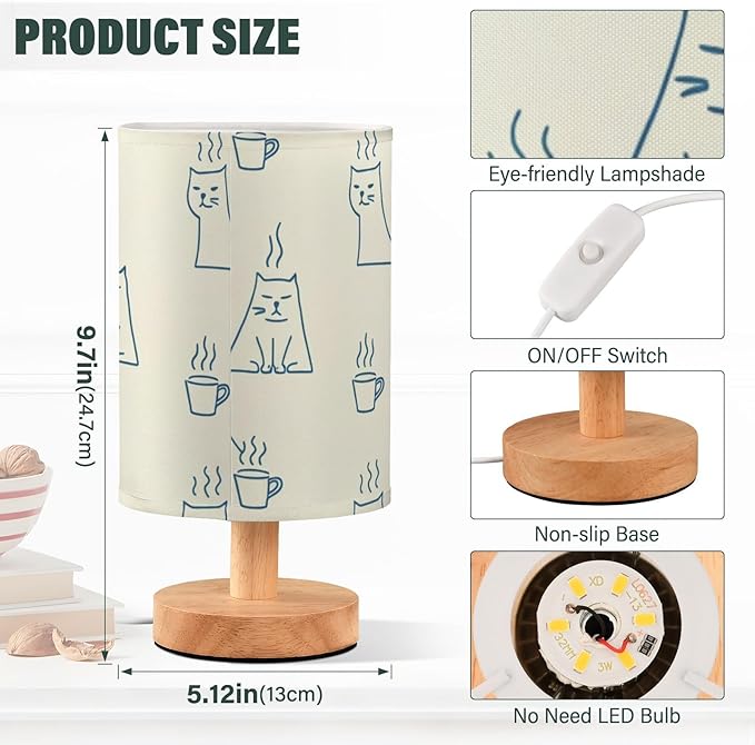 Cat LED Table Lamp, Bedside Lamp with Linen Lampshade, Flicker-Free Eye Care USB Plug in Nightstand Lamp, for Bedroom and Office