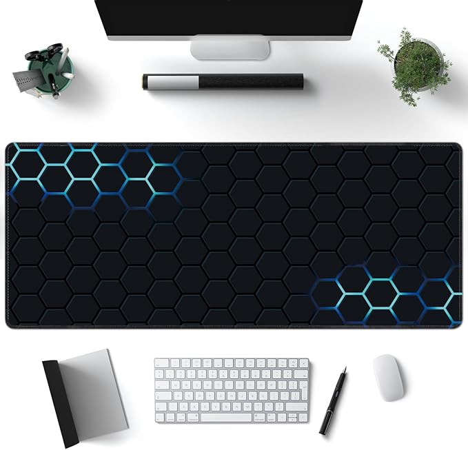 Desk Mat, Hexagon Blue Honeycomb XXL 35.4"x15.7"Large Gaming Mouse Pad, 3mm Thick Gaming Keyboard Pad,Desk Pad Non-Slip Rubber Base with Stitched Edges for Office Game Home Decor