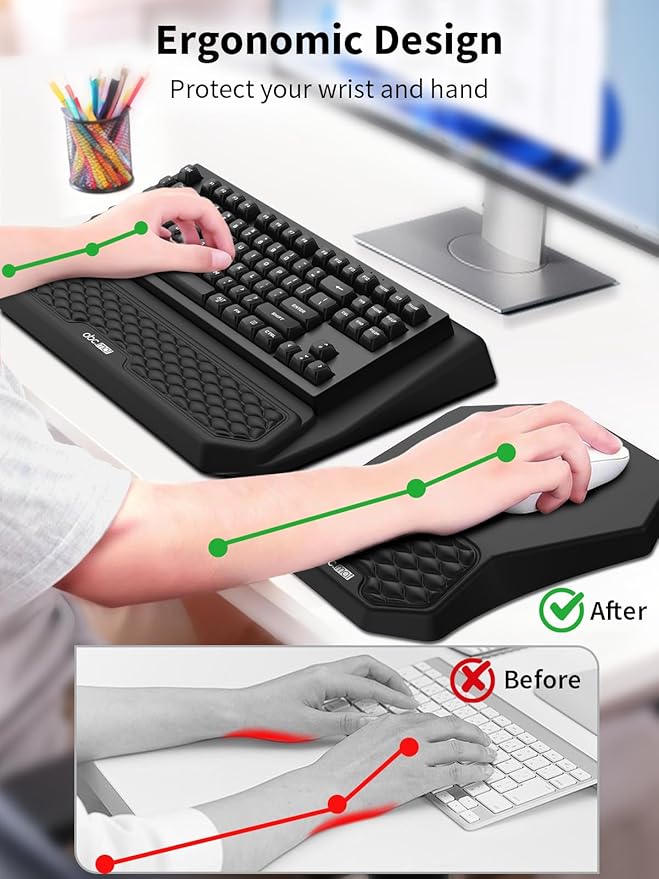 3-in-1 Ergonomic Keyboard Stand with Wrist Rest & Mouse Pad Set, Comfy Keyboard Riser Holder Soft Mousepad with Massage Design, Memory Foam and Non-Slip PU Base for Wrist Support, Black