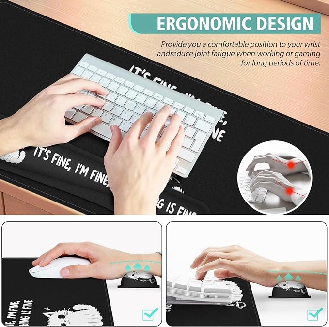 Desk Mat Set, Large Gaming Mouse Pad with Wrist Rest,Ergonomic Mouse Pad,Home Office Desk Accessories Decor Supplies(Cat)