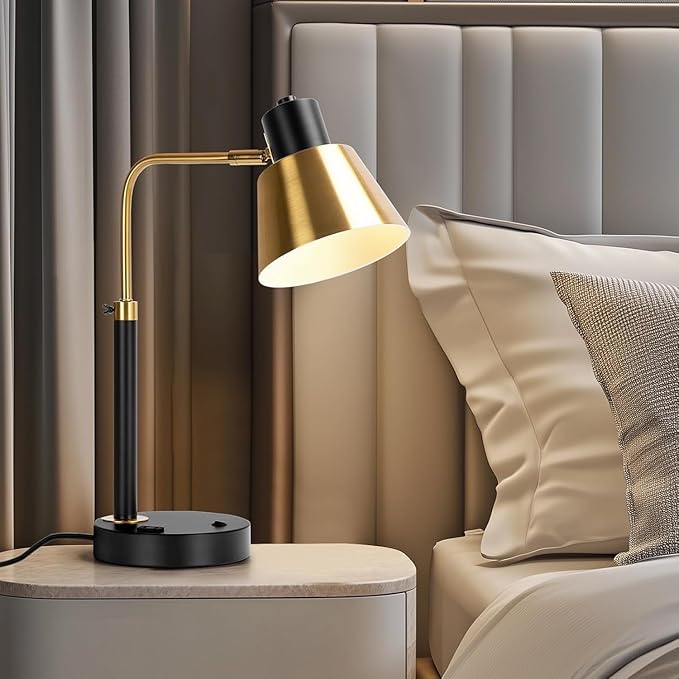 Desk Lamp with Dual USB Charging Port, Heavy Duty Metal Table Lamp, 340 Degree Swivel Arms, Easy Assembly with Cord Guide, Reading Lamp for Home Office Bedroom, Black & Gold (Bulb Not Included)