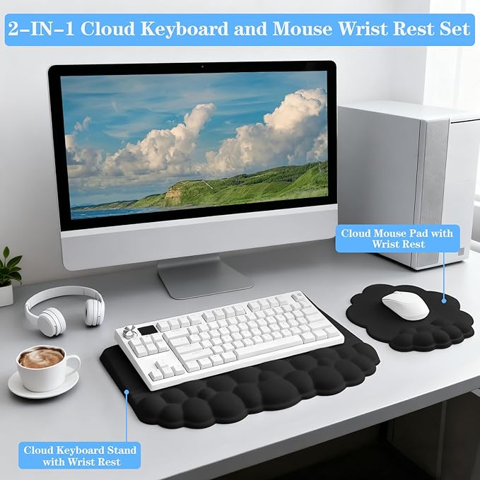Computer Keyboard Stand with Wrist Rest, Ergonomic Tilted Keyboard Holder - Keyboard Riser with Wrist Pad - Keyboard Tray Support for Office Home -Cloud Set Black