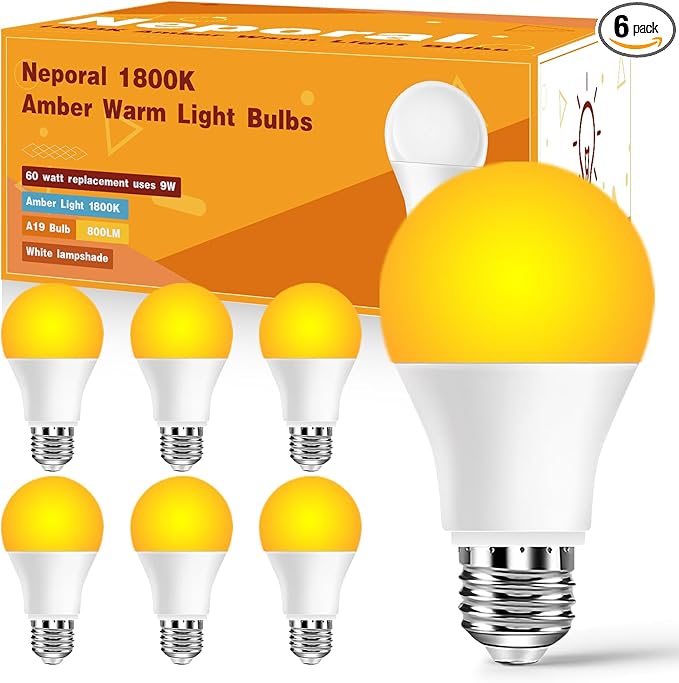 Neporal Amber Light Bulbs 9W, Soft Warm Sleep Light Bulbs 60W Equivalent, Blue Light Blocking Amber Night Light Bulbs 1800K, Bedtime Light Bulb for Healthy Sleep, 6 Pack