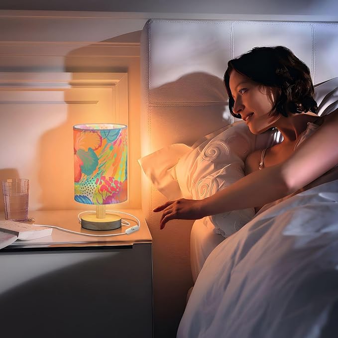 Tropical Floral LED Table Lamp, Bedside Lamp with Linen Lampshade, Flicker-Free Eye Care USB Plug in Nightstand Lamp, for Bedroom and Office