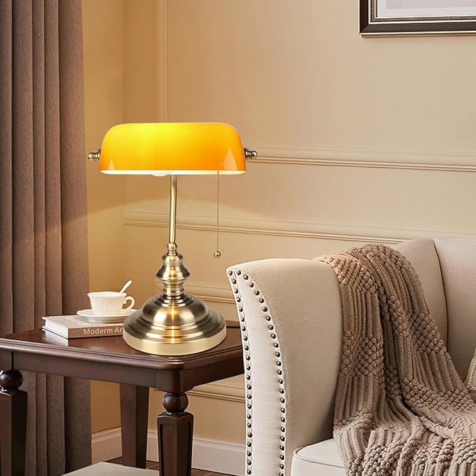 FIRVRE Bankers Desk Lamp with Pull Chain Switch, Amber Glass Shade Desk Lamps, Bronze Base,Vintage Library Lamp for Home Office, Study Room,Piano