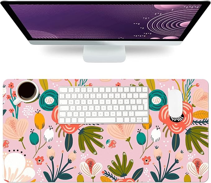 Desk Mat Large Protector Pad 27.5" ×13.8", Non-Slip PU Leather Desk Blotter, Waterproof Mouse Pad for Office Home Pink Floral