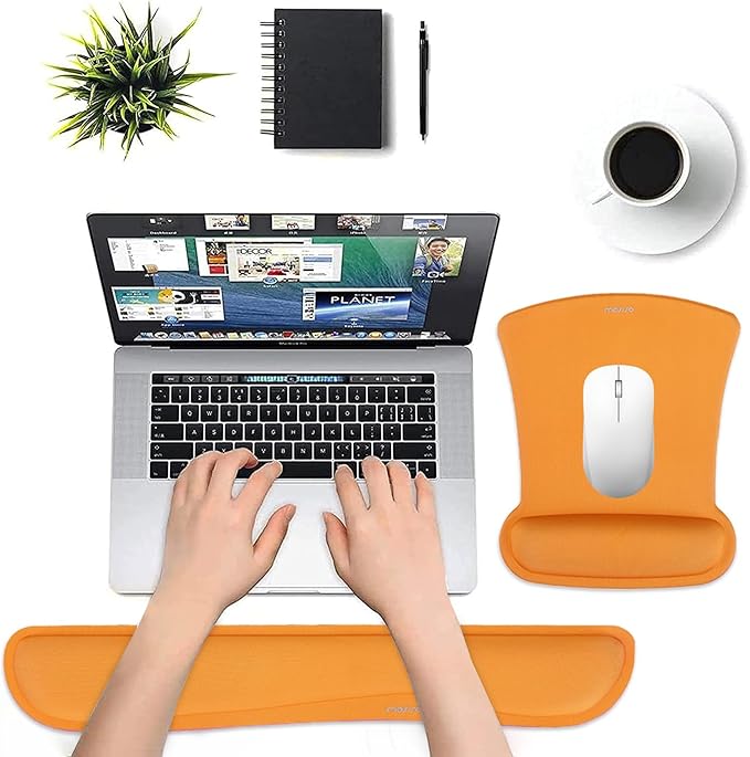 MOSISO Wrist Rest Support for Mouse Pad & Keyboard Set, Ergonomic Mousepad Non-Slip Base Home/Office Easy Typing Cushion with Neoprene Cloth & Raised Memory Foam, Orange