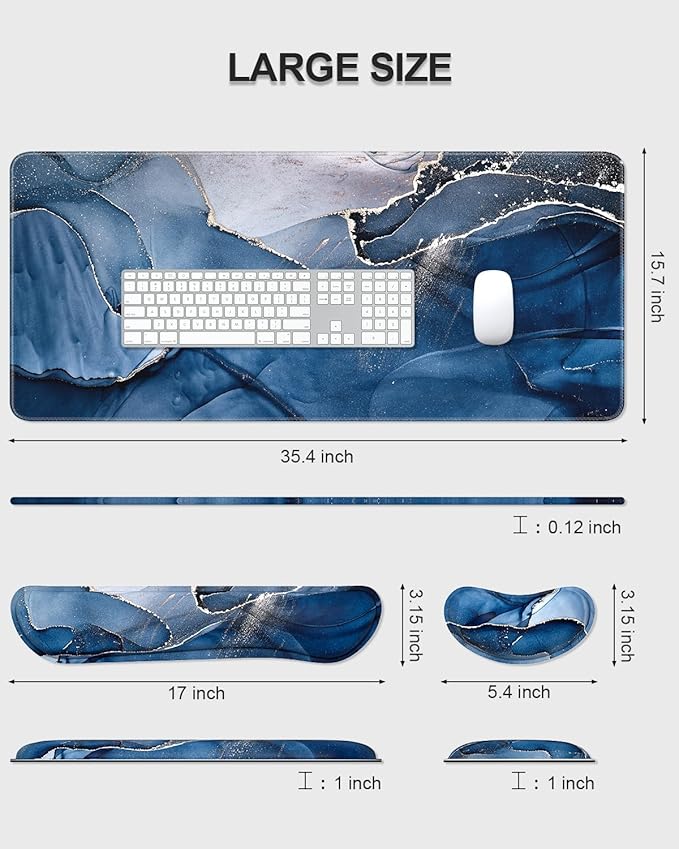 Auhoahsil Large Mouse Pad with Wrist Rests for Keyboard & Mouse, Thick Soft Ergonomic Memory Foam Wrist Supports, Big & Long Desk Mat 35.5 x 15.7 in, for Office Gaming Computer, Ink Navy Marble