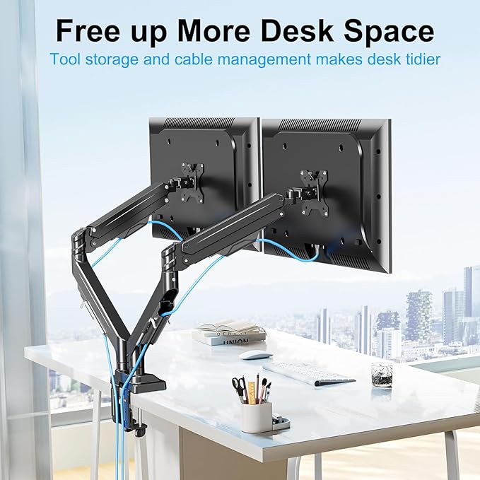 Dual Monitor Mount for Screens up to 43", Heavy Duty Ultrawide Dual Monitor Arm Holds 2.2-33lbs Each, Premium Gas Spring Adjustable Computer Monitor Stand for 2 Monitors, VESA Desk Mount