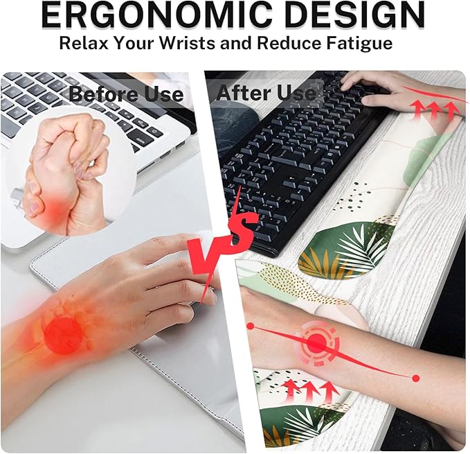 Britimes Green Boho Leaves Ergonomic Mouse Pad Set with Wrist Rest Non-Slip Rubber Base Wrist Cushion Support and Coasters Mousepad with Wrist Support for Computer Keyboard and Desk