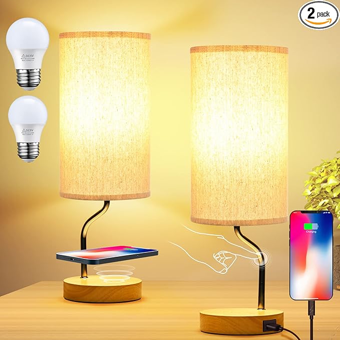 Set of 2 Smart Bedside Table Lamp with Wireless Charger & USB Port - Touch Control LED Desk Lamp for Bedroom, Dimmable Wooden Nightstand Lamp with Fabric Shade for Living Room, Kid's Room, (Cream)