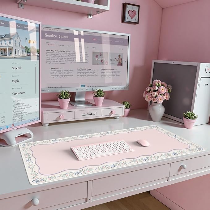 iCasso Pink Desk Mat,Cute Desk Pad for Keyboard and Mouse,Anti-Slip Large Gaming Mousepad XXL,Soft Lycra Surface Computer Mat Women,Girly Keyboard Pad for Home Office