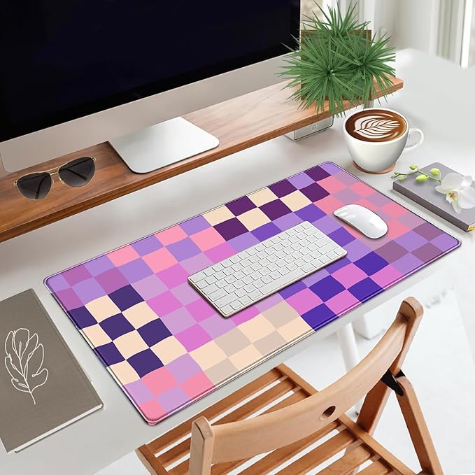 Pastel Purple Pink Checkered Desk Mat XXL Large Mouse Pad with Stitched Edges, Keyboard Pad Mouse Mat for Computer Deor Desk Matt for Desktop 31.5 X 15.7In