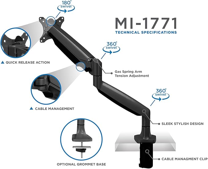 Mount-It! Single Monitor Arm Desk Mount with Gas Spring, Height Adjustable Monitor Stand for 13–32 Inch Screens up to 20 lbs, VESA 75x75 & 100x100, C-Clamp & Grommet, Sit-Stand Desk Compatible