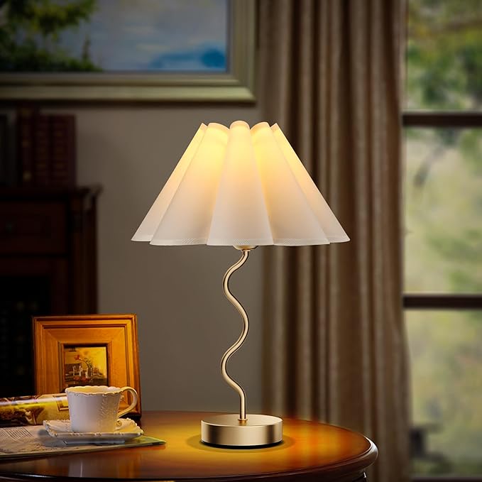 Small Table Lamp Pleated Table Lamp 3 Way Dimmable Touch Lamps for Night Stands with USB C+A Ports Bedside Nightstand Lamp Morden Desk Lamp for Bedroom Home Kitchen Living Room Kids Room Nursery