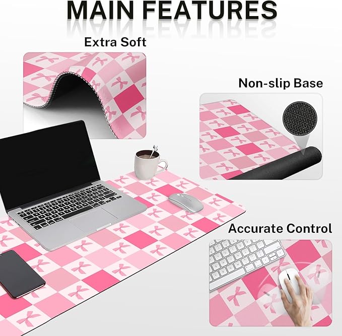 Arttown Pink Bow Checkered Desk Mat Cute Retro Kawaii Mouse Pad Set 4 in 1 Ergonomic Design Large Mouse Pad + Keyboard Wrist Rest + Mouse Wrist Rest + Coaster Suitable for Home Office Study Game