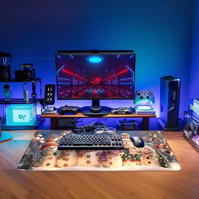 Six Snowmen Extended Gaming Mouse Pad 31.5x11.8inches Large Desk Mat Anti-Slip Rubber Base & Durable Stitched Edges for Gamers Smooth Mouse Writing Surface for Desk Office/Home