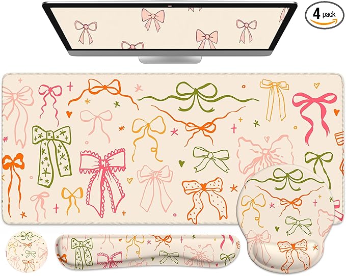 iCasso Desk Pad Mat, Large Mouse Pad and Keyboard Wrist Rest Set, Desk Protector Mat, 4in1 Ergonomic Keyboard Pad with Wrist Support for Desktop Home Office Computer (Colorful Ribbon)