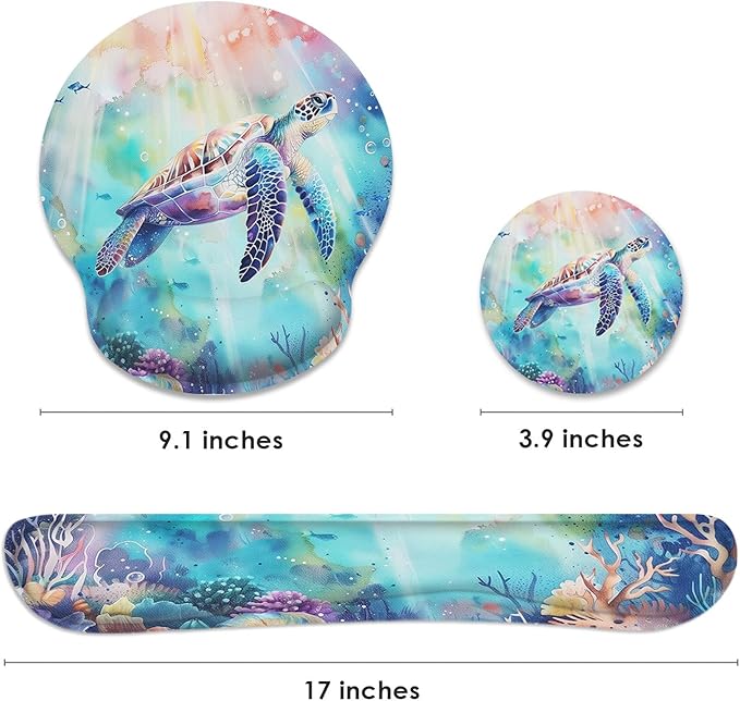 Britimes Sea Turtle Coral Reef Sea World Ergonomic Mouse Pad Set with Wrist Rest Non-Slip Rubber Base Wrist Cushion Support and Coasters Mousepad with Wrist Support for Computer Keyboard and Desk