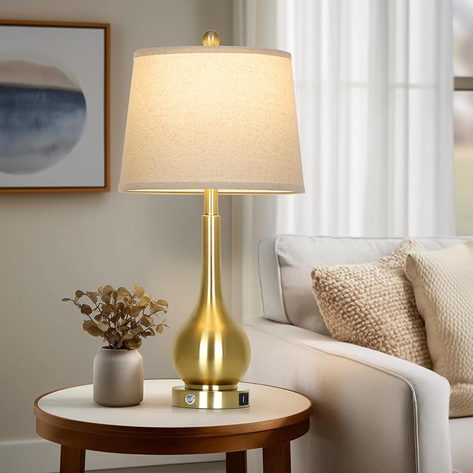 26" Gold Table Lamp for Living Room Single, Touch Control Bedside Lamp for Bedroom, 3-Way Dimmable End Table Lamp for Nightstand with USB Charging Port (1 Pack)