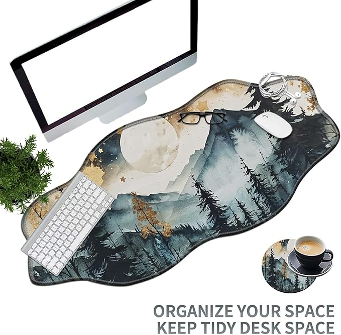 Landscape Forest Large Gaming Mouse Pad Plus a Coaster, 35.4 x 15.7 inches Desk Mat Extended XXL Mousepad with Stitched Edge Non-Slip Rubber, Desk Pad Computer Mouse Mat for Home Office