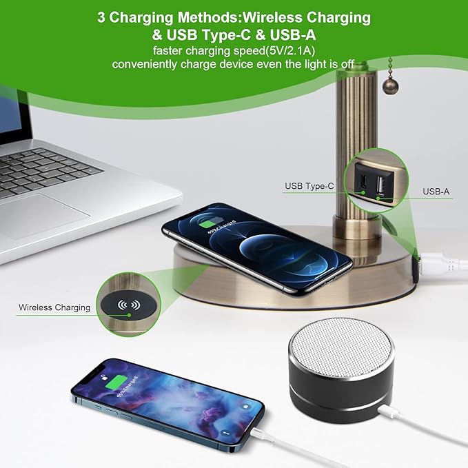 FIRVRE Green Glass Bankers Desk Lamp USB Wireless Charging Port LED Table Lamp Classic Retro Pull Chain Switch Reading Lamp for Home Office Workplace Library Piano