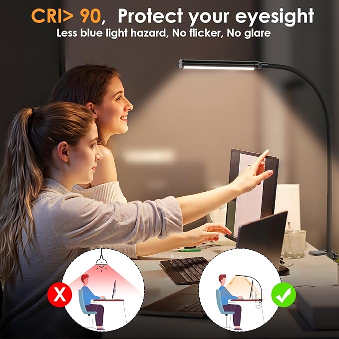 ShineTech LED Desk Lamp with Clamp, Clip On Desk Lamp for Home Office, 3000K Warm White & 11 Brightness Level, Flexible Gooseneck Architect Desk Light, Eye Caring Reading Lamp with USB Adapter