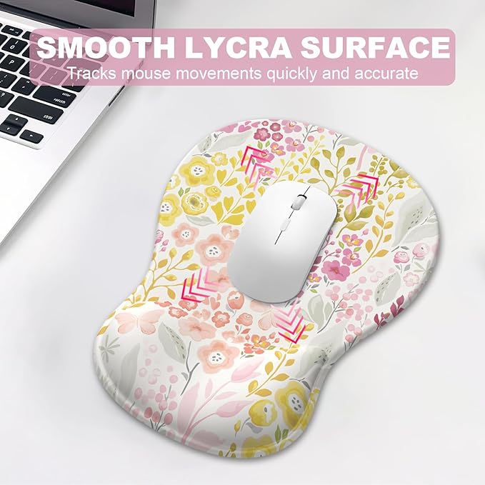Ergonomic Mouse Pad with Wrist Rest and Keyboard Wrist Rest, Gel Mousepad and Wrist Rest for Computer Keyboard, Non-Slip PU Base, Mouse Pad Wrist Support for Gaming, Pink Yellow Flowers