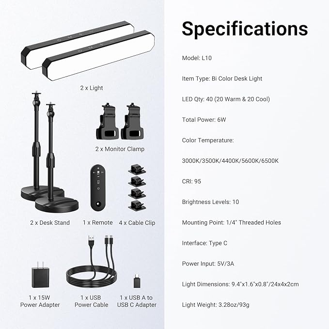 NEEWER Basics Desktop LED Light Kit with 11" Stand/Monitor Clamp, 2 Pack(12W) CRI95 Bi Color Video Conference Zoom Lighting for Laptop Computer Webcam, Compatible with iPhone Video Recording, L10