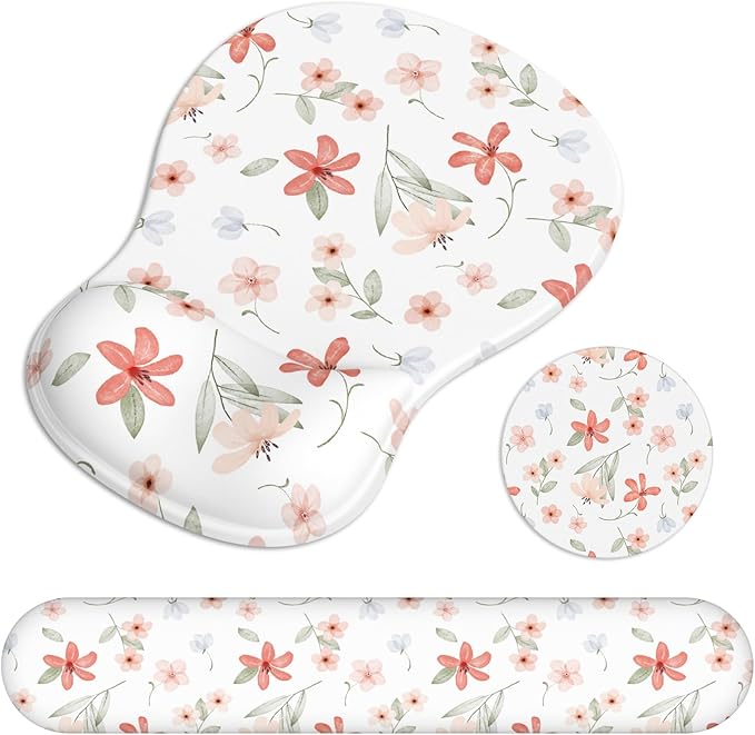 Ergonomic Mouse Pad with Wrist Rest and Keyboard Wrist Rest, Gel Mousepad and Wrist Rest for Computer Keyboard, Non-Slip PU Base, Mouse Pad with Wrist Support for Gaming, Orange Flowers
