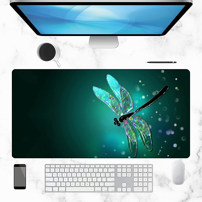 Dragonfly Gaming Desk Mat Large, Fantasy Green Dragonfly Extended Mousepad,Non-Slip Rubber Mouse Pad Stitched Edges,Desktop Decorative Accessories for Home Office 31.5" x 15.7"