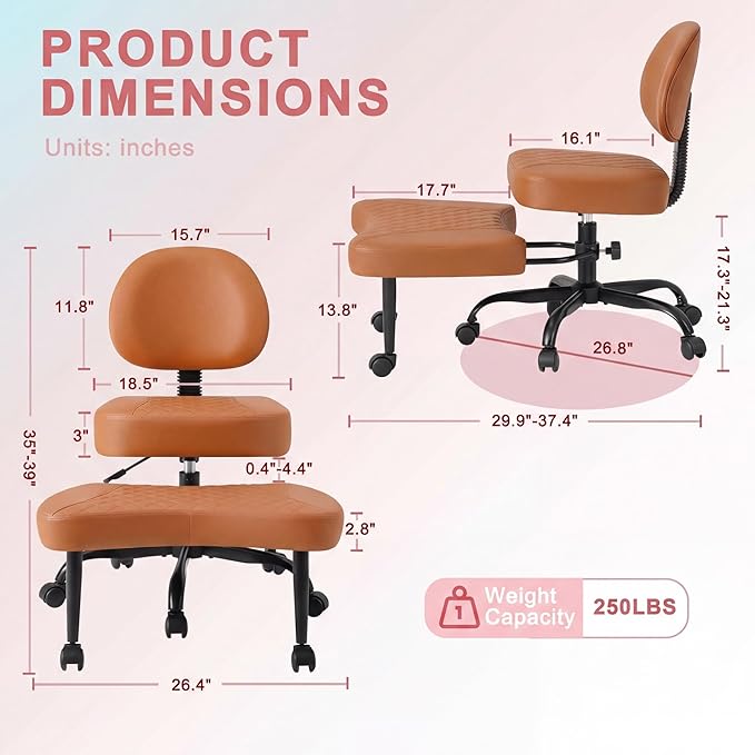 GUNJI Ergonomic Criss Cross Legged Office Chair, 360° Swivel Meditation Kneeling Chair with Wheels, ADHD Chair with Footrest, Lumbar Support, Wider Height Adjustable Seat (Brown, Faux Leather)