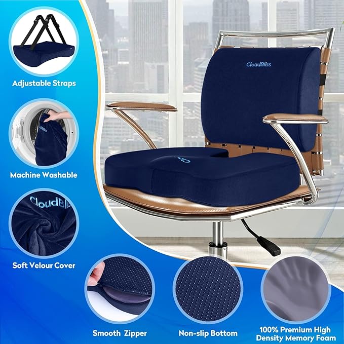 CloudBliss Seat Cushion, Office Chair Cushion, Car Seat Cushion, Lumbar Support Pillow for Office Chair, Back Support Memory Foam Pillow Coccyx Cushion for Tailbone & Coccyx Support, Blue, X-Large