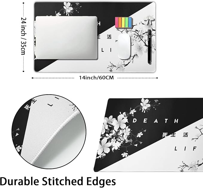 aportt Black White Cherry Blossom Mouse Pad Large Japanese Sakura Death Life Desk Mat 60x35 cm Non-Slip Rubber Base Stitched Edge Large XL Playmat for Gaming Laptop Computer PC Desktop,24x14 Inch
