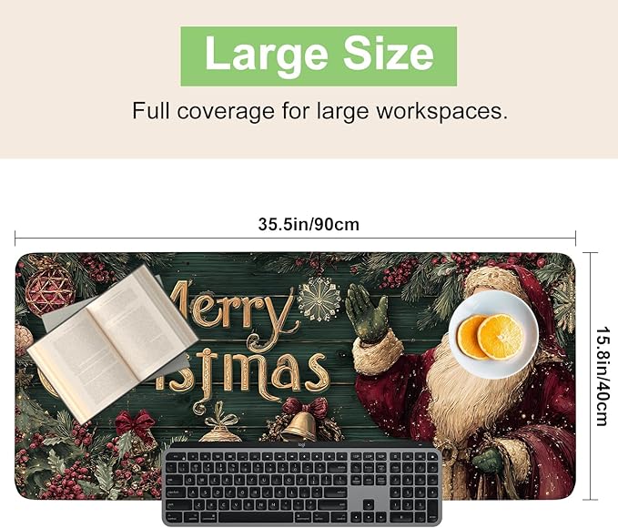 Desk Mat, XXL Extended Gaming Pad for Desktop, 35x16 Inches Vintage Santa, Large Non-Slip Vegan Leather Keyboard Mouse Mat for Home Office