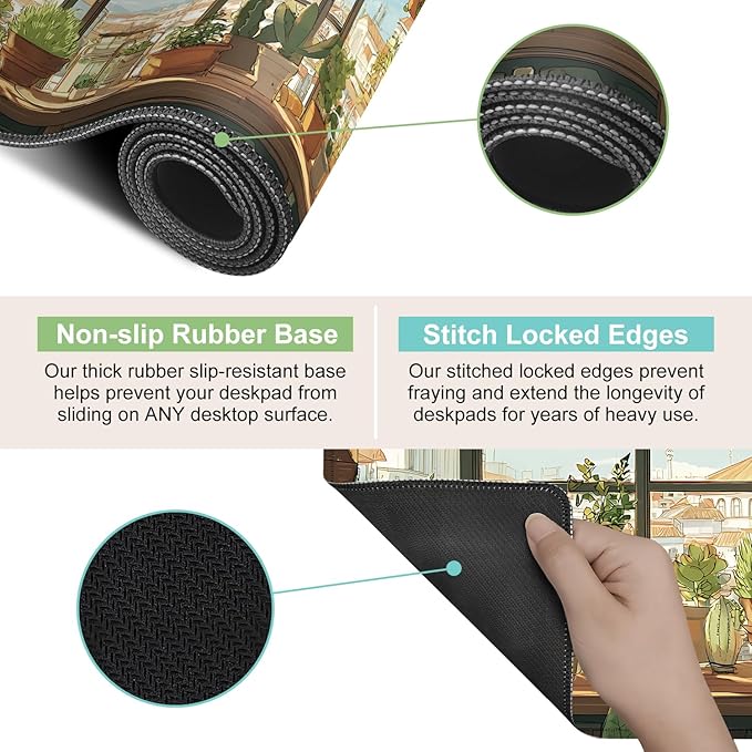 Desk Mat, XXL Extended Gaming Pad for Desktop, 31x12 Inches Cat Lover Kitty in Window with Houseplants, Large Non-Slip Vegan Leather Surface with Stitched Edges, Keyboard Mouse Mat for Home Office