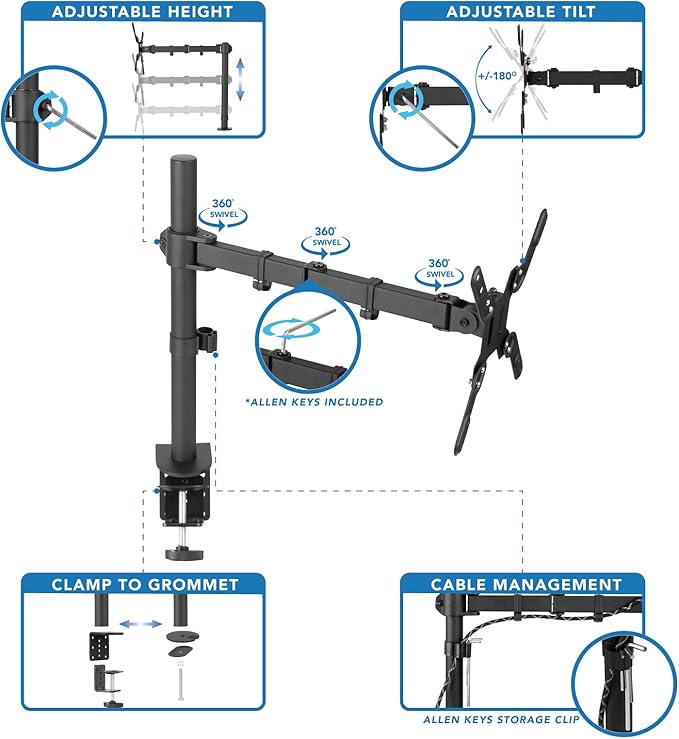 Mount-It! Large Monitor Desk Mount with VESA 200 (200x200, 200x100) Bolting Pattern, Fits up to 42 Inch and Ultrawide Monitors, Full Motion with Clamp and Grommet Base