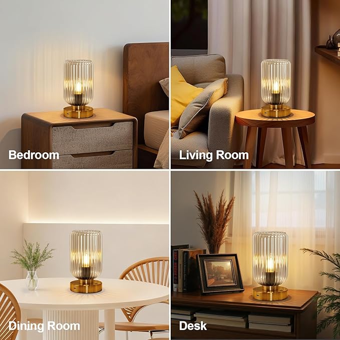 Touch Table Lamp for Nightstand - Small Bedside Lamps for Night Stands Bedroom Living Room, Dimmable Rechargeable Desk Lamp Battery Operated with Clear Glass Shade, Bulb Included