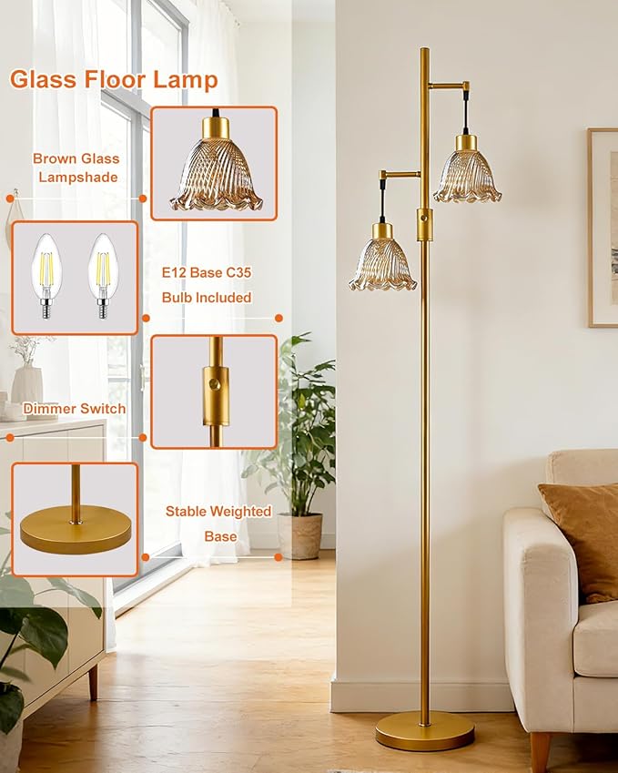 65IN Glass Floor Lamp, 2-Light Gold Tall Standing Lamps Dimmable with Brown Glass Lampshade, 3000K Warmwhite Mid Century Modern Floor Lamp for Living Room/Bedroom/Sofa Beside/Home Decor