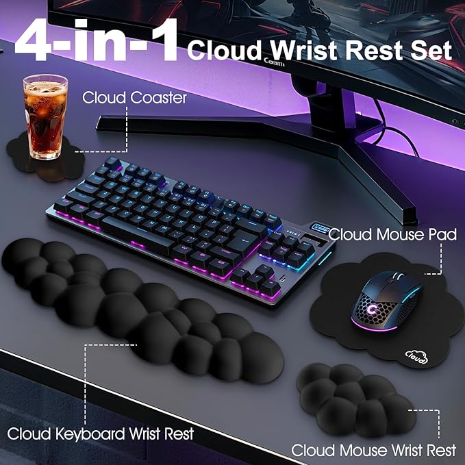 Cloud Wrist Rest Keyboard Cushion, 4-in-1 Ergonomic Cloud Keyboard Wrist Rest and Mouse Pad Set with Memory Foam Arm Support for Palm, Cute Desk Accessory for PC Gaming Setup, Black