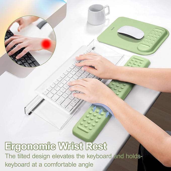 MOSISO Computer Keyboard Stand&Wrist Rest Support for Keyboard &Mouse Pad Set, Ergonomic Massage Wrist Rest Set, Easy Typing Working Acrylic Clear Stand for Office Home, Sage Green