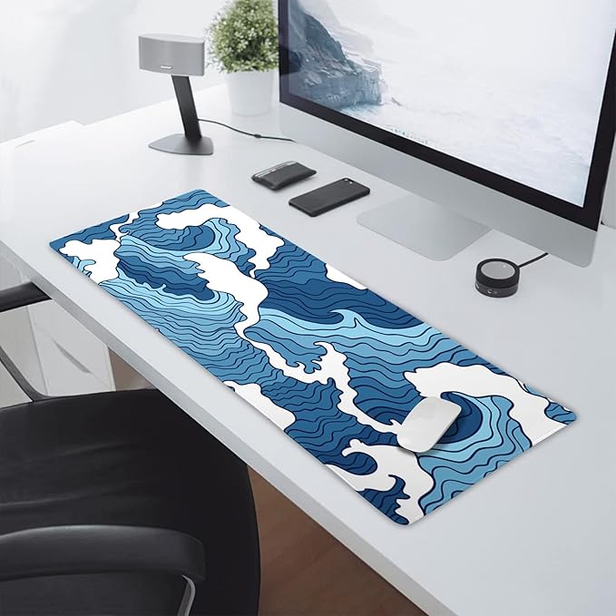 Japanese Blue and White Wave Gaming Mouse Pad XL Anime Sea Texture Extended Large Desk Mat Big Mousepad Non-Slip Rubber Base Stitched Edge Long Desk Pad for Desktop PC Computer Gamer,31.5×11.8 Inch